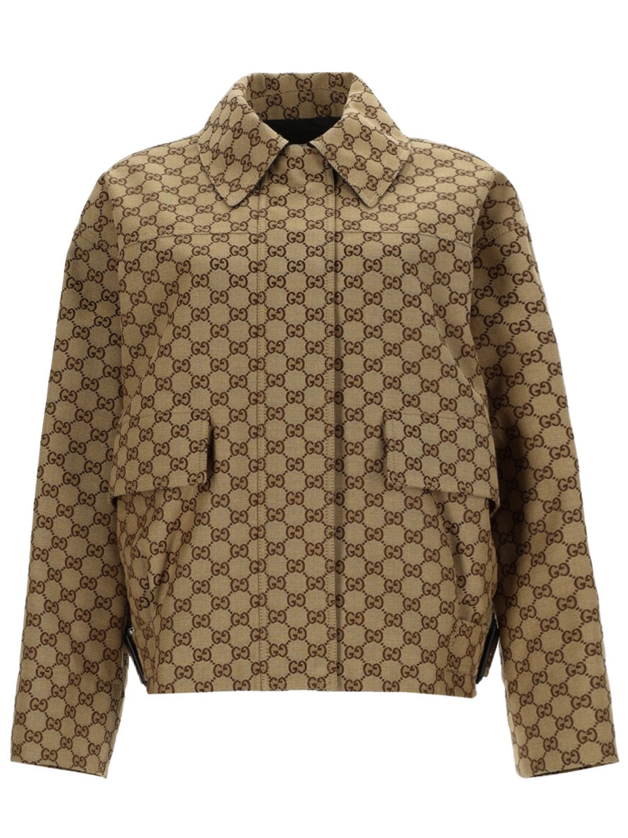 Bomber Jacket With Gg Texture Beige Cotton