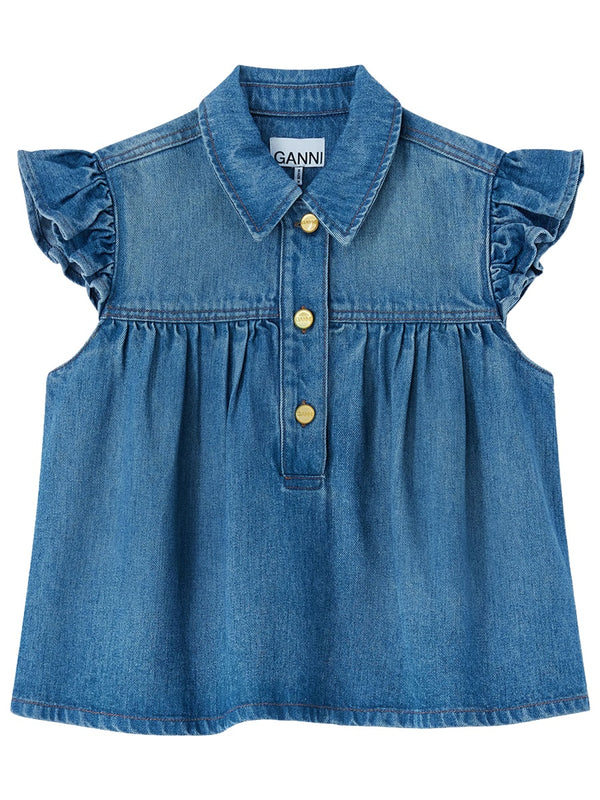 Sleeveless Denim Top With Collar Lyocell Tops