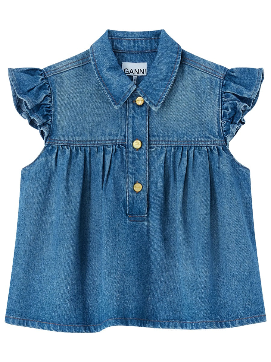 Sleeveless Denim Top With Collar Lyocell Tops