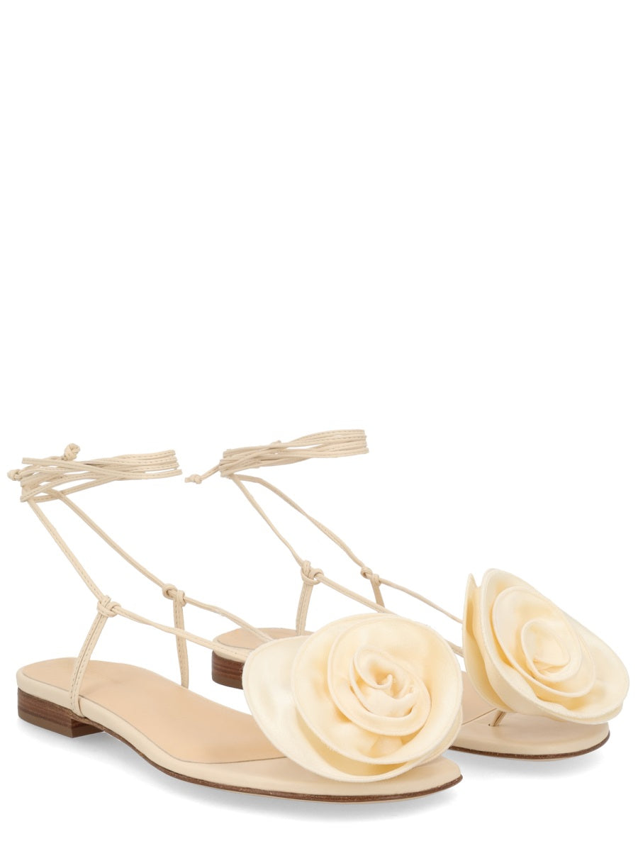 Sandal With Silk Flower Ivory Lamb Leather