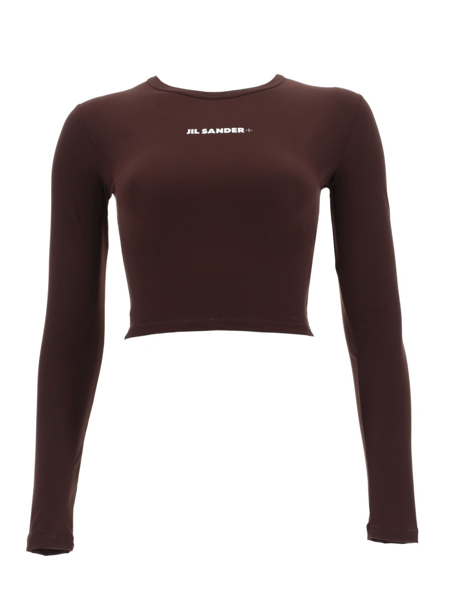 Cropped Top With Logo Brown Polyamide Elastane Tops