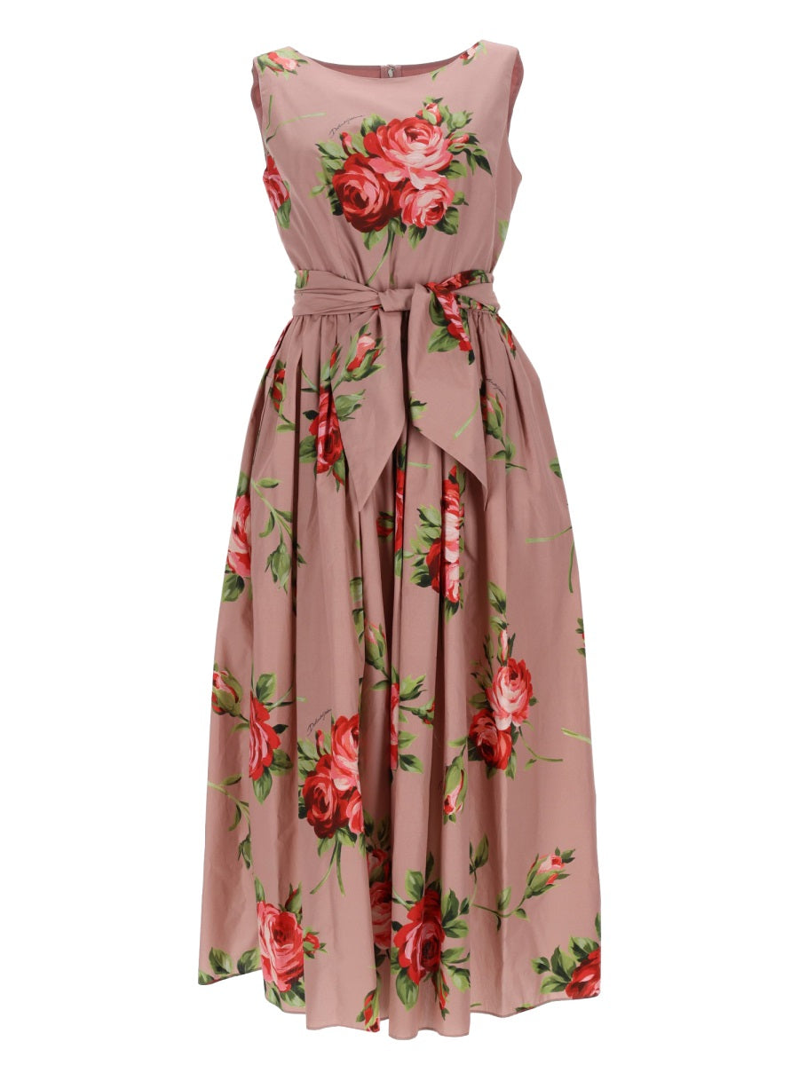 Rose Bouquet Print Midi Dress Pink Cotton