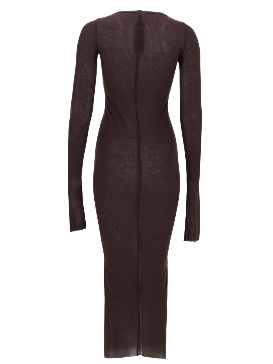 Long-Sleeved Midi Dress Brown Viscose Silk