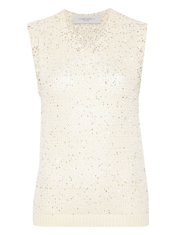 Top With Sequins Ivory Polyamide Tops
