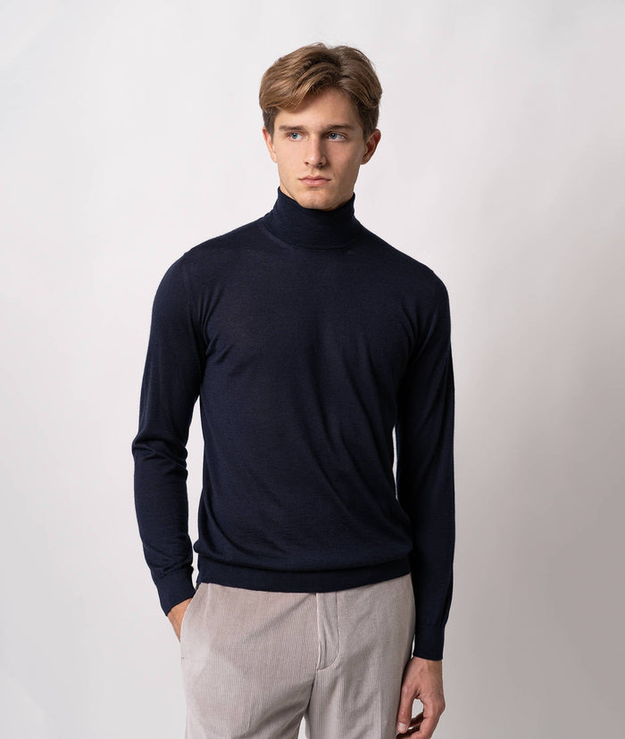 Turtleneck Cashmire And Silk Sweater Salisburgo Navy High Turtle Neck