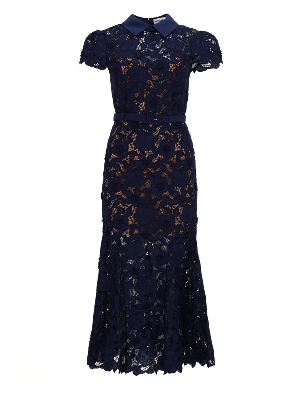 Midi Lace Dress Blue Polyester