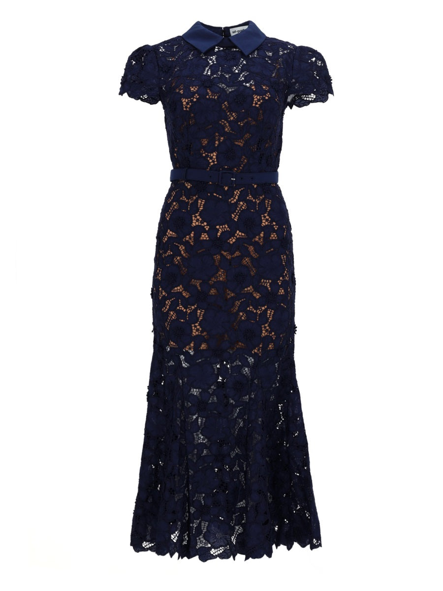 Midi Lace Dress Blue Polyester