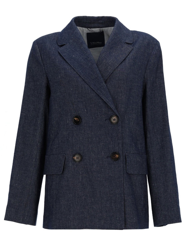 Double-Breasted Cotton & Linen Blazer Blue Jacket