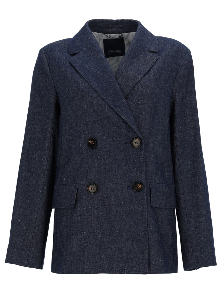 Double-Breasted Cotton & Linen Blazer Blue Jacket