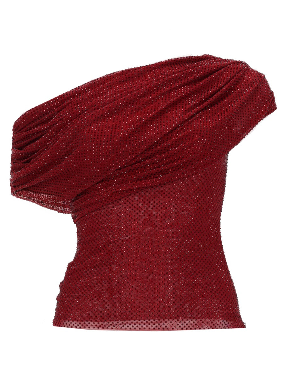 Asymmetrical Top Burgundy Polyester Elastane Tops
