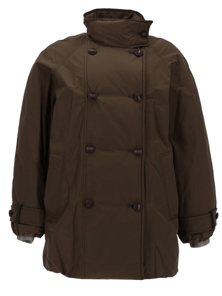 Double-Breasted Down Jacket Brown Polyester Cotton Trenches And Coats