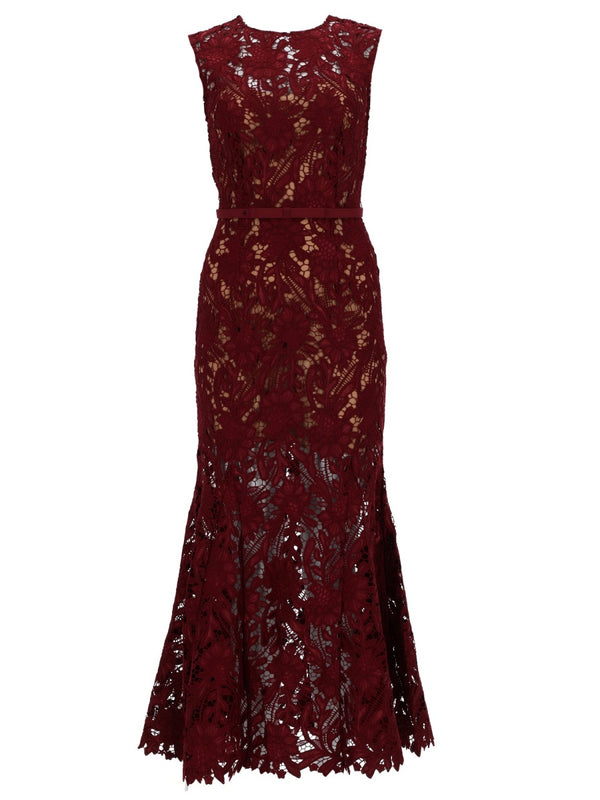 Midi Dress Bordeaux Lace Polyester Elastane