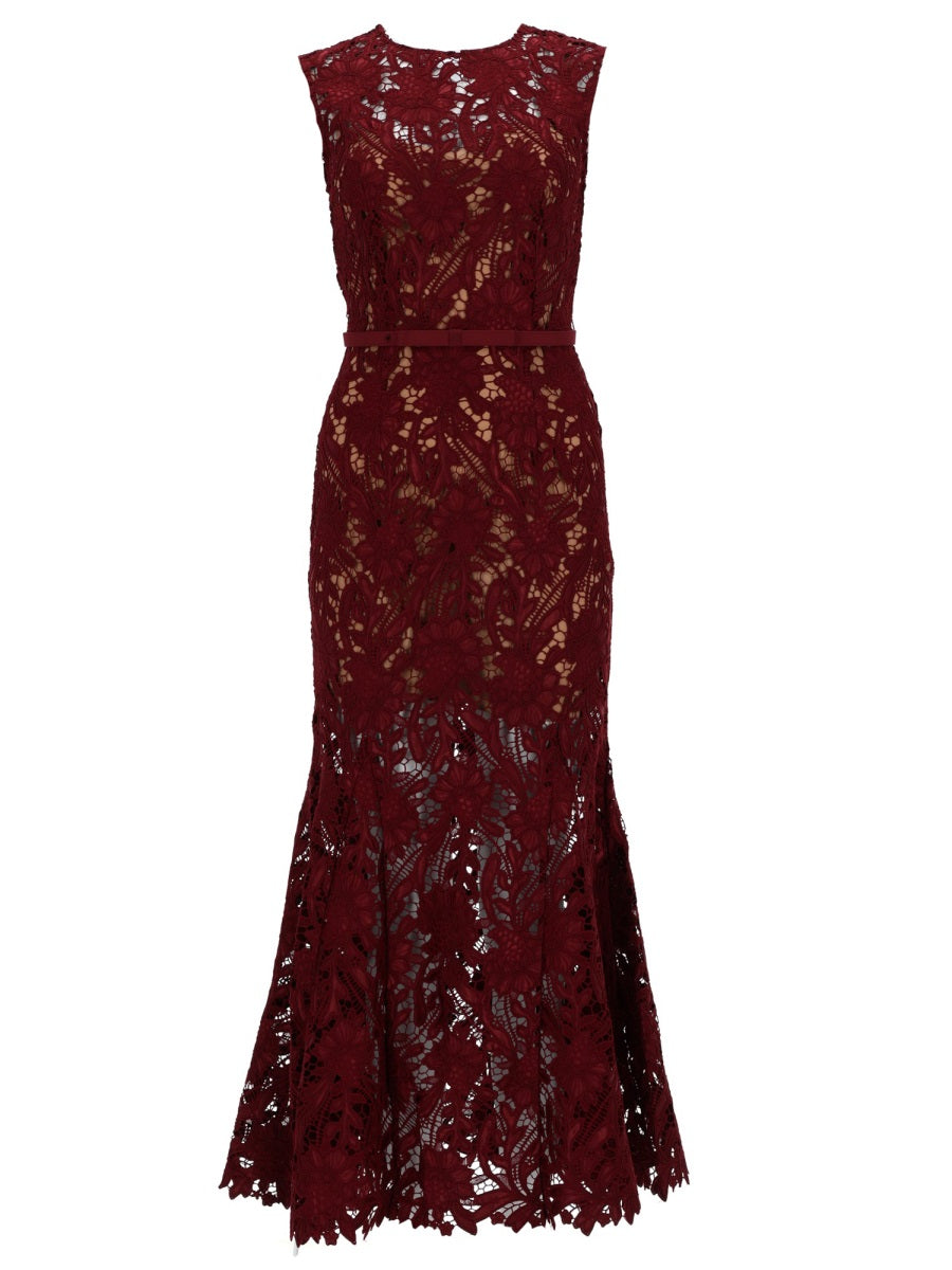 Midi Dress Bordeaux Lace Polyester Elastane