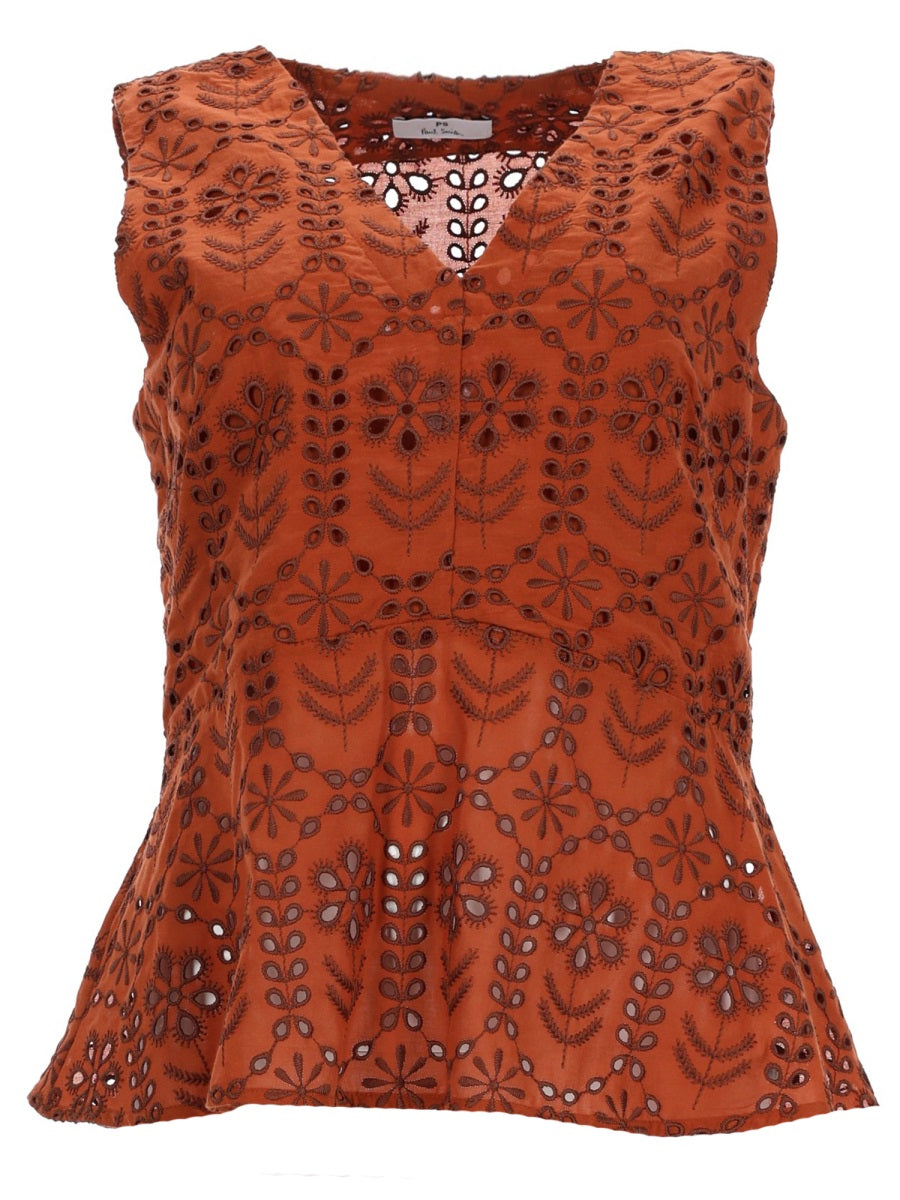 Top With Perforated Pattern Brown Polyester Cotton Tops