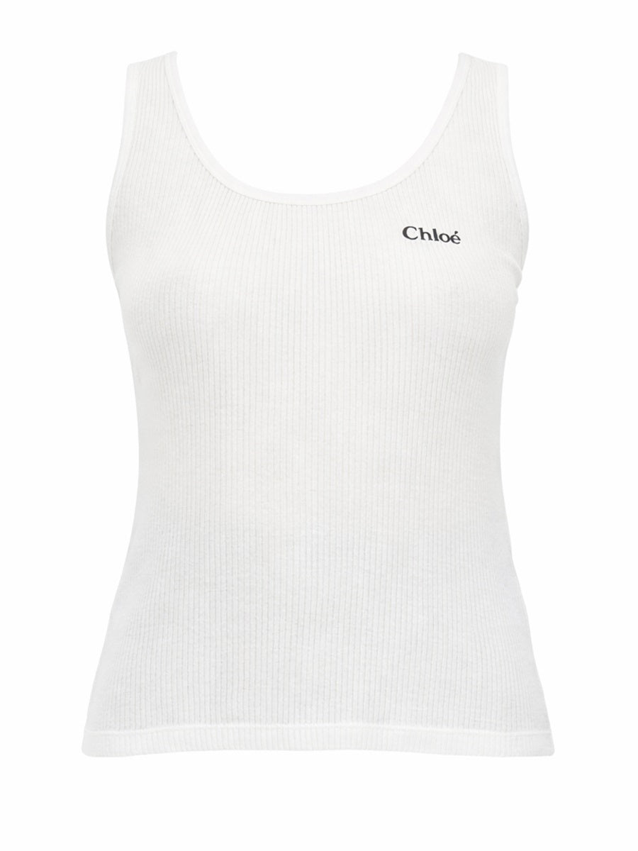 Ribbed Logo Tank Top White Cotton