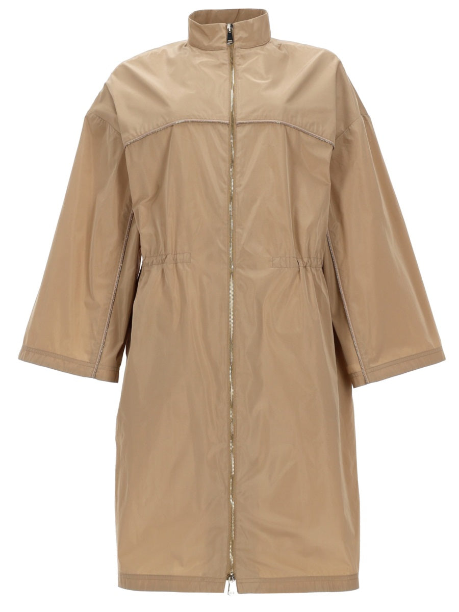 Trench Coat With Zip Beige Polyester & Raincoats