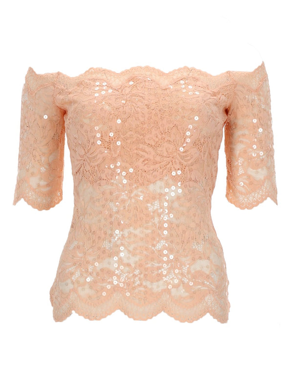 Top Lace With Sequins, Pink Polyamide Tops