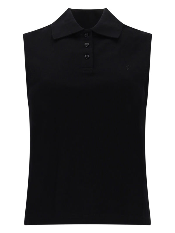 Sleeveless Polo Top Black Cotton