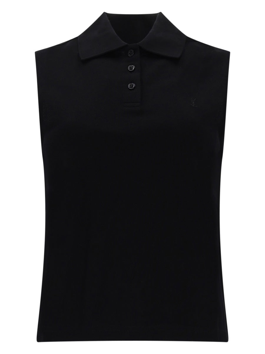 Sleeveless Polo Top Black Cotton