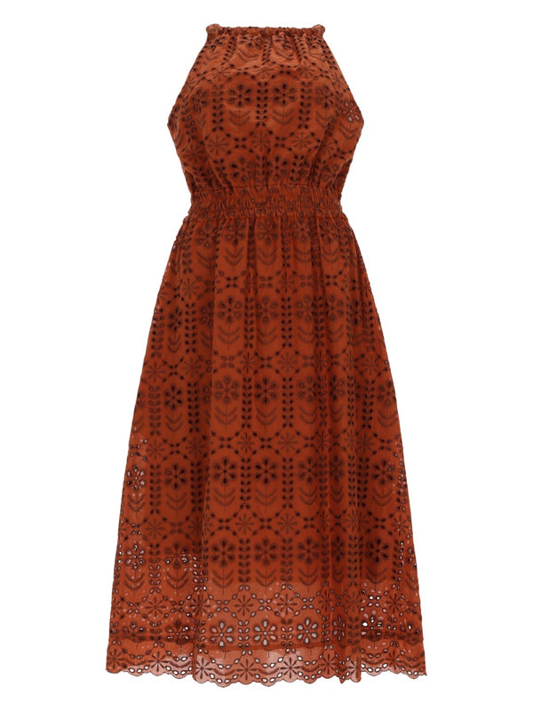 Dress Midi Perforated Brown Polyester Cotton