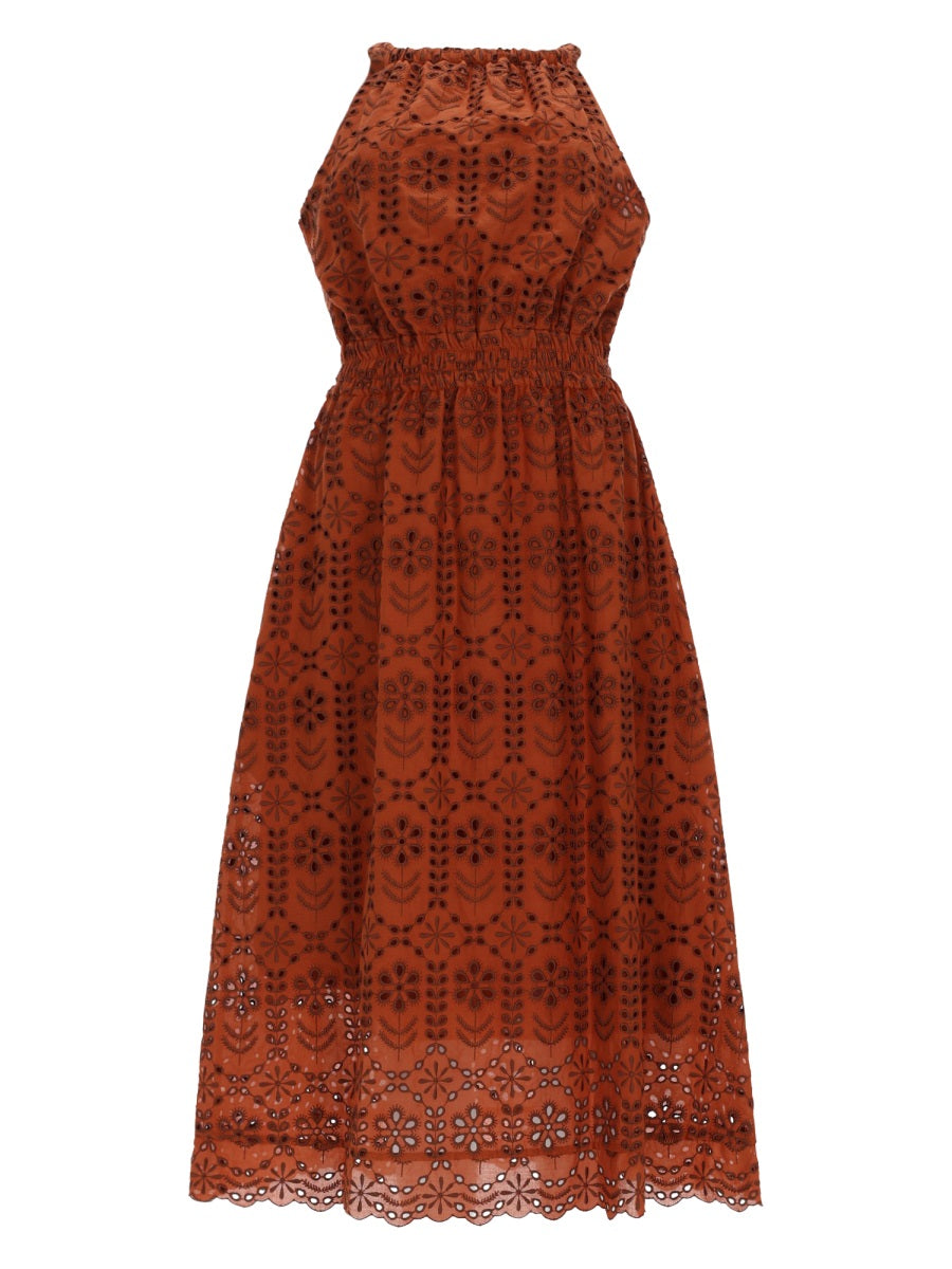 Dress Midi Perforated Brown Polyester Cotton