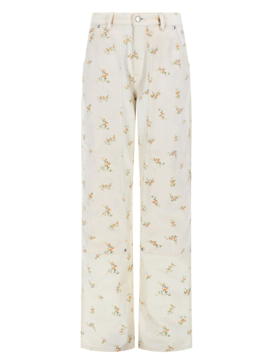 Trousers Floral Motif White Cotton