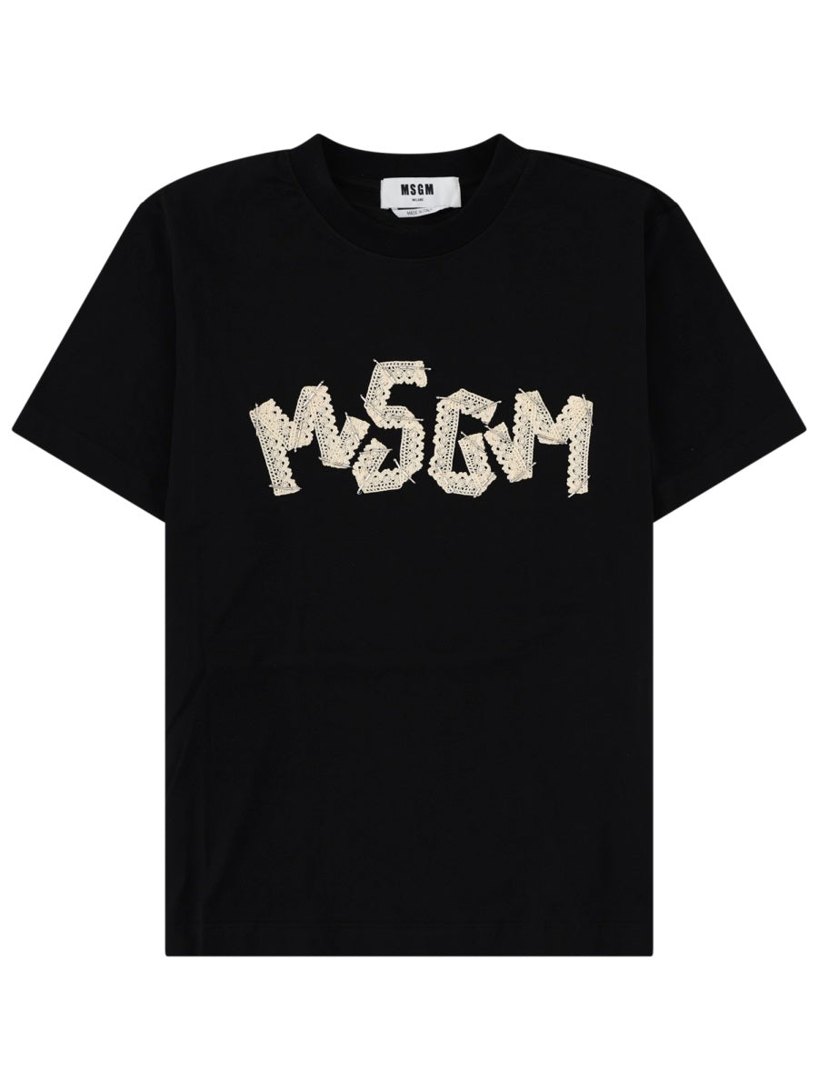 T-Shirt With Lace-Embroidered Logo Black Cotton T-shirts