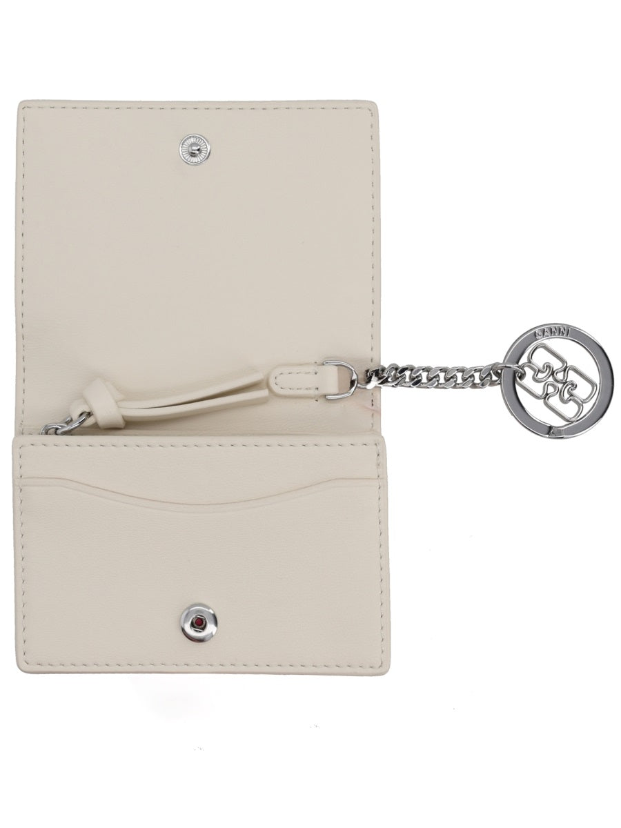 Card Holder With Raspberry Print, Beige Recycled Leather Wallets & Purses