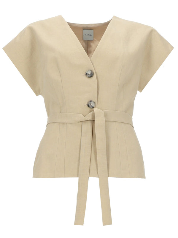 Linen Top With Belt Beige Tops