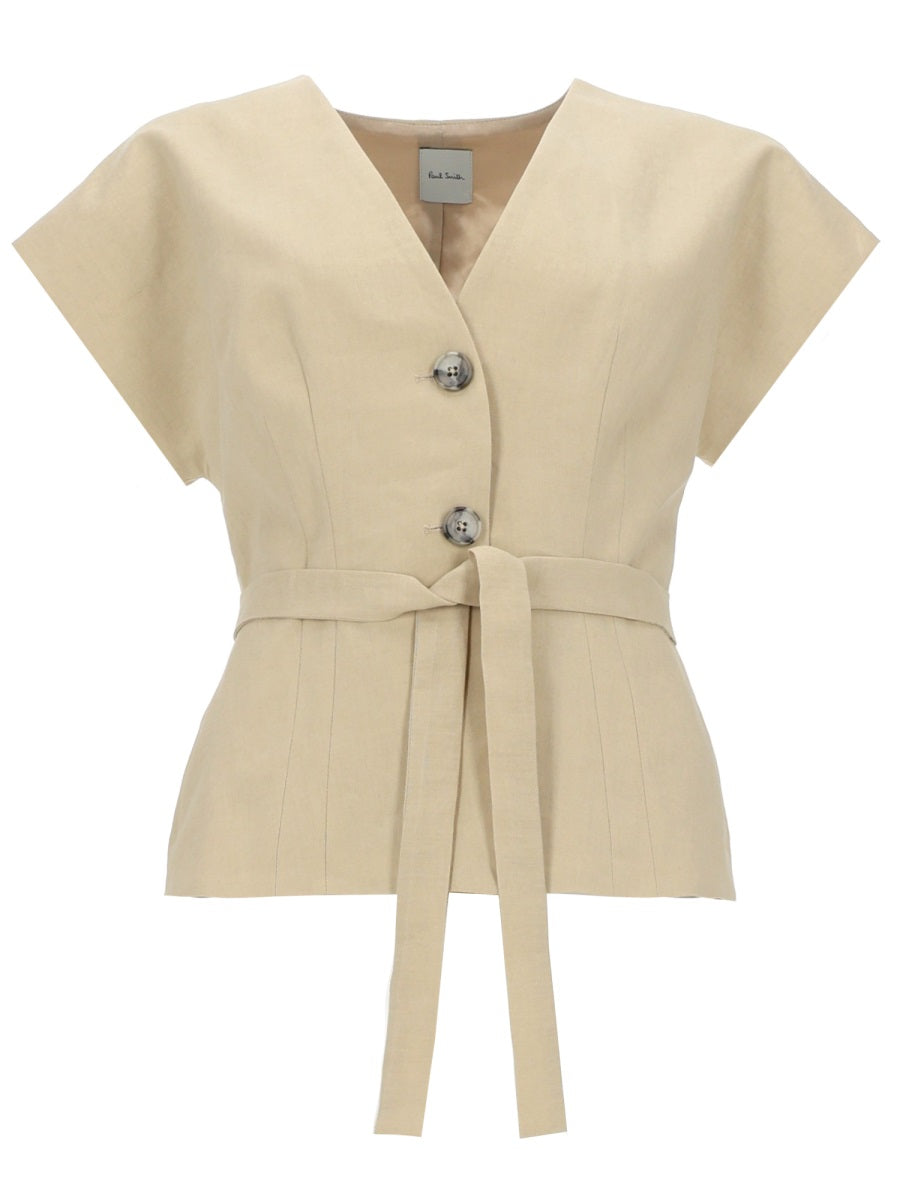 Linen Top With Belt Beige Tops