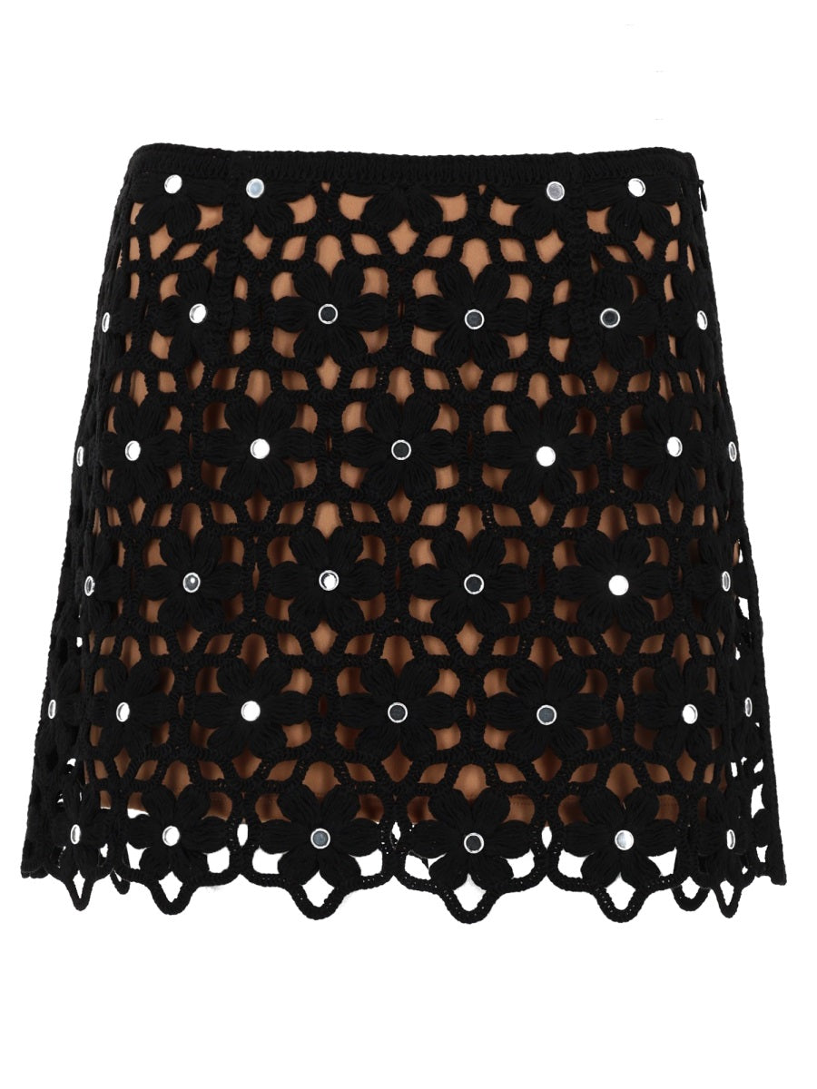 Crochet Skirt With Floral Motif Black Polyester