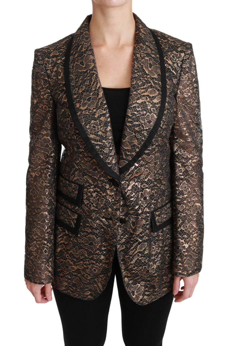 Dolce & Gabbana 37% Ramie 18% PU 17% Polyester 16% Silk 12% Nylon; Lining: 90% Nylon 10% Silk blazer in gold