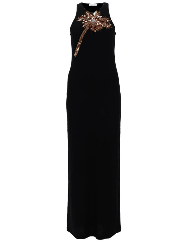 Dress With Sequin Palm Detail Black Cotton