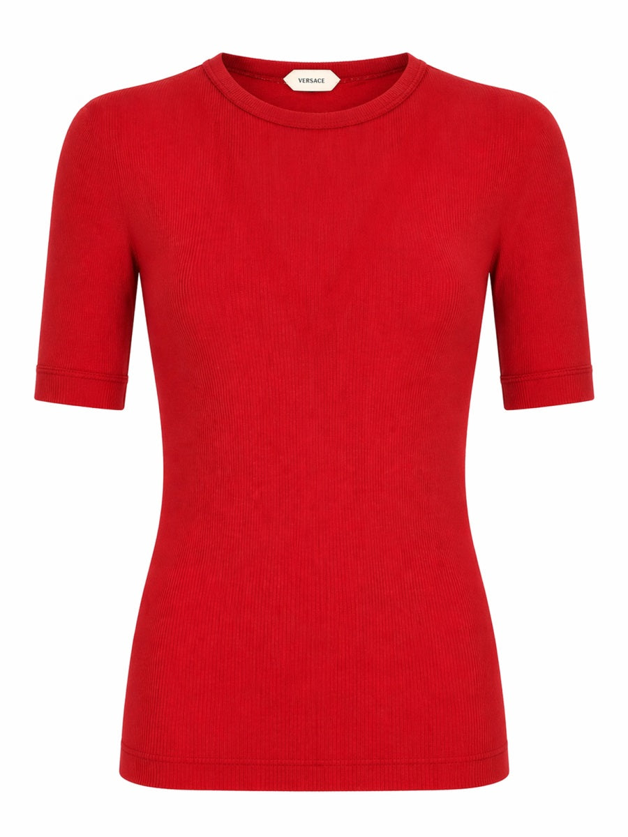 T-Shirt Ribbed Wool With Embroidery — Red Pure Virgin T-shirts