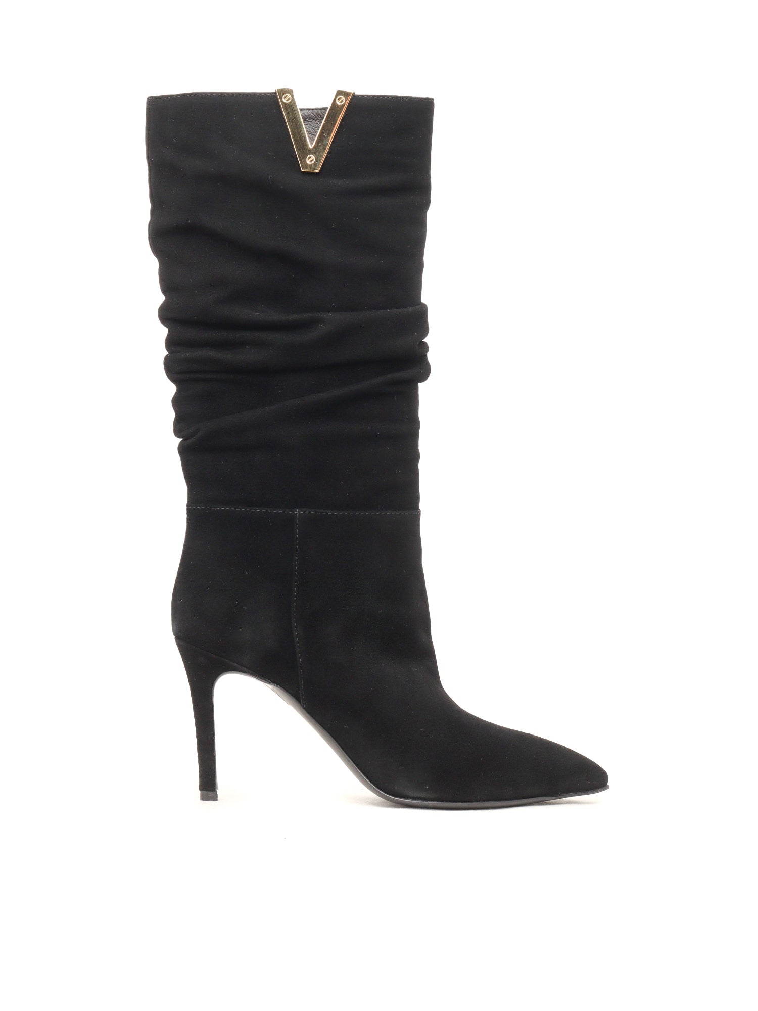 Golden V + Stiletto Heel Boots Black Leather Sole Rubber
