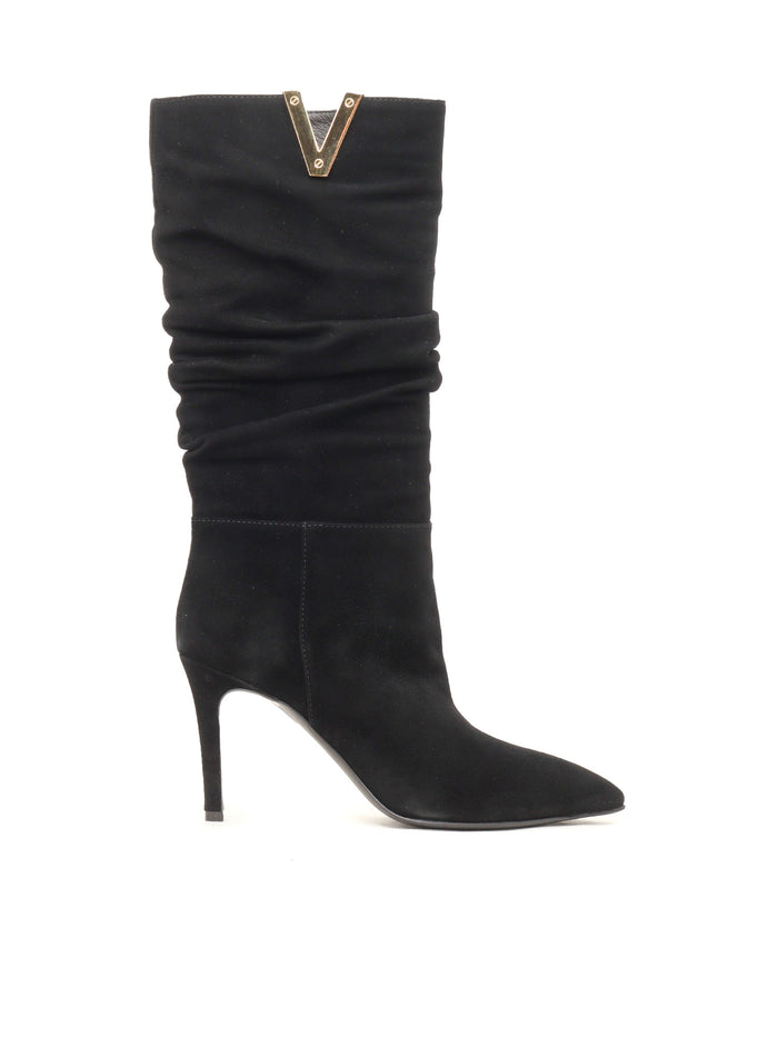Golden V + Stiletto Heel Boots Black Leather Sole Rubber