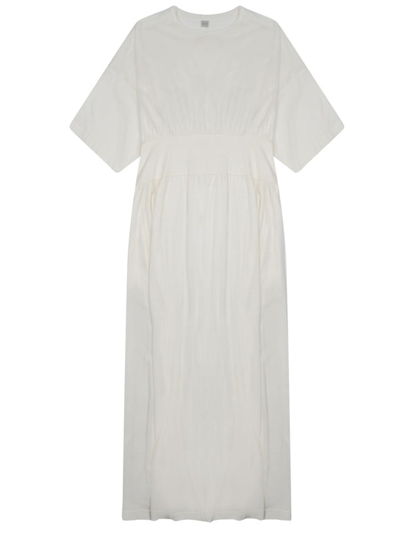 Short-Sleeve Cotton-Silk Midi Dress White Organic Cotton