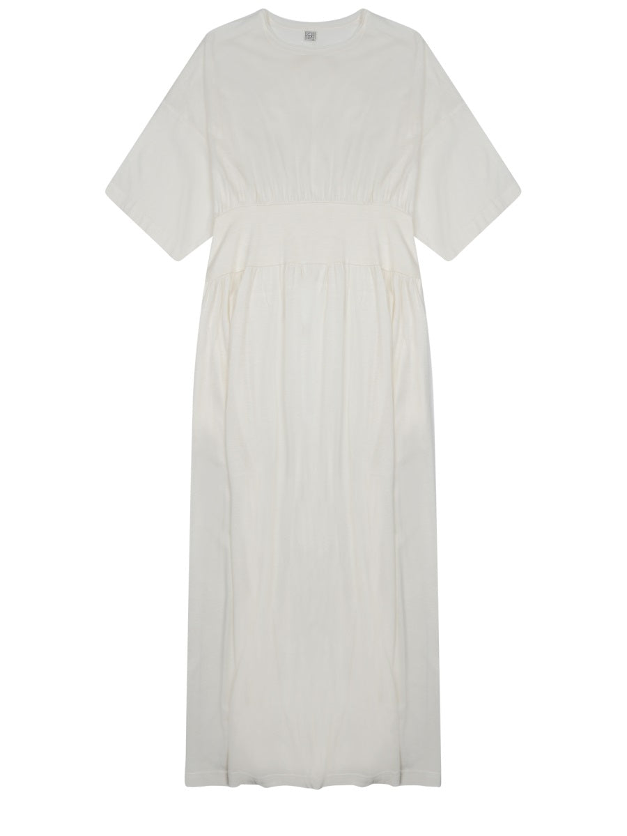 Short-Sleeve Cotton-Silk Midi Dress White Organic Cotton