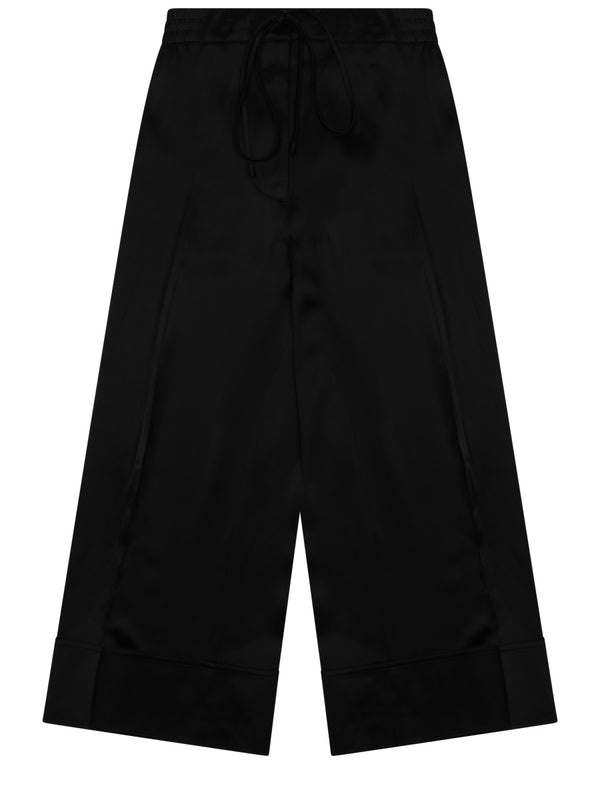 Wide-Leg Satin Drawstring Trousers Black Viscose