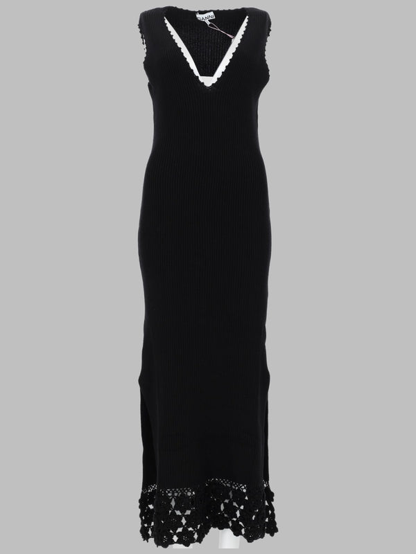 Long Dress With Crochet Trim Black Organic Cotton