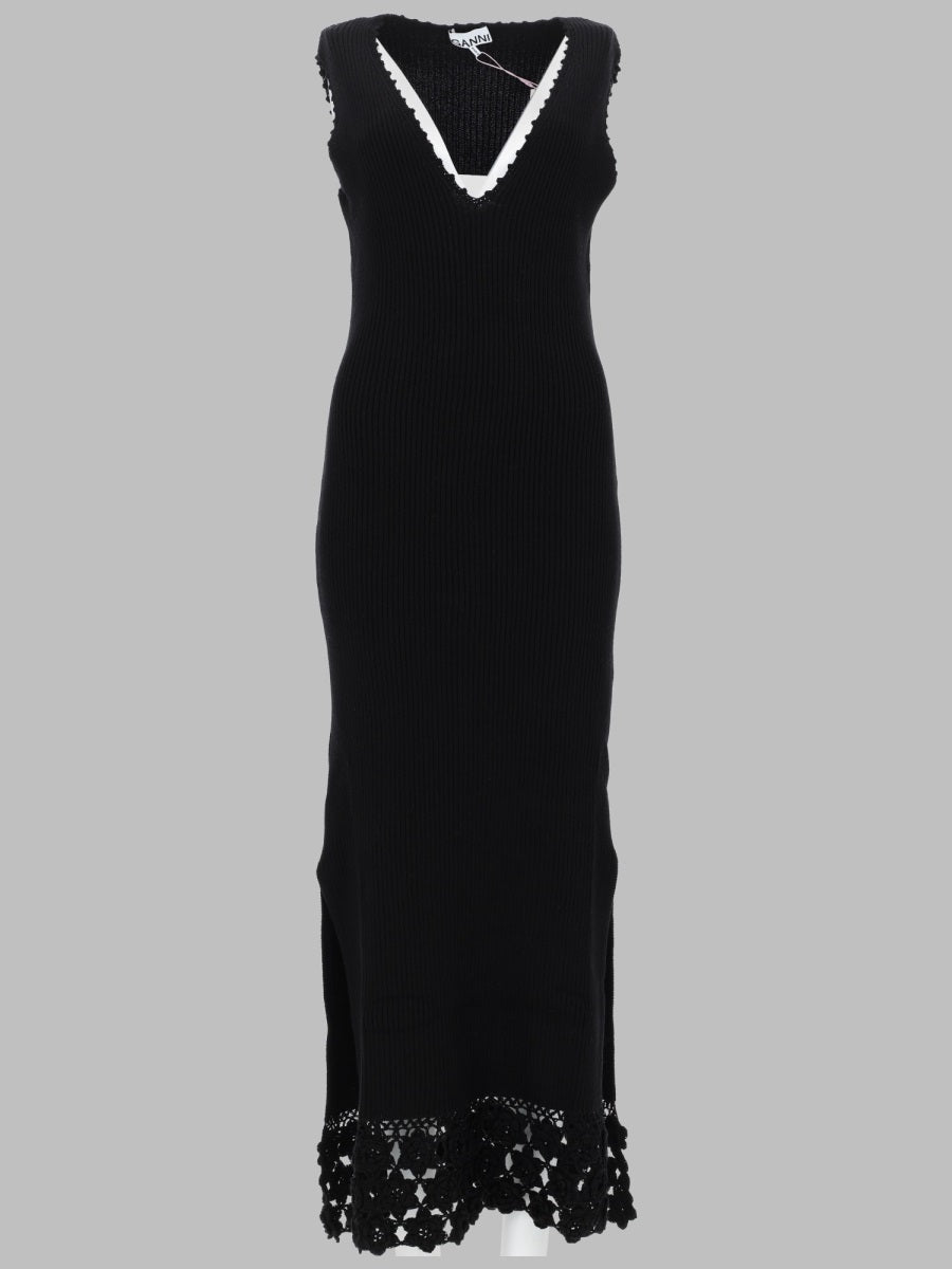 Long Dress With Crochet Trim Black Organic Cotton