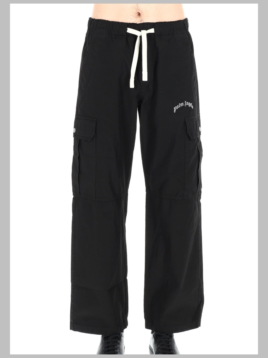Cargo Trousers Curved Logo Black Cotton