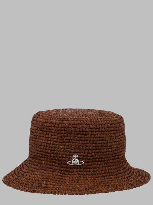 Bucket Hat With Orb Detail Raffia Brown