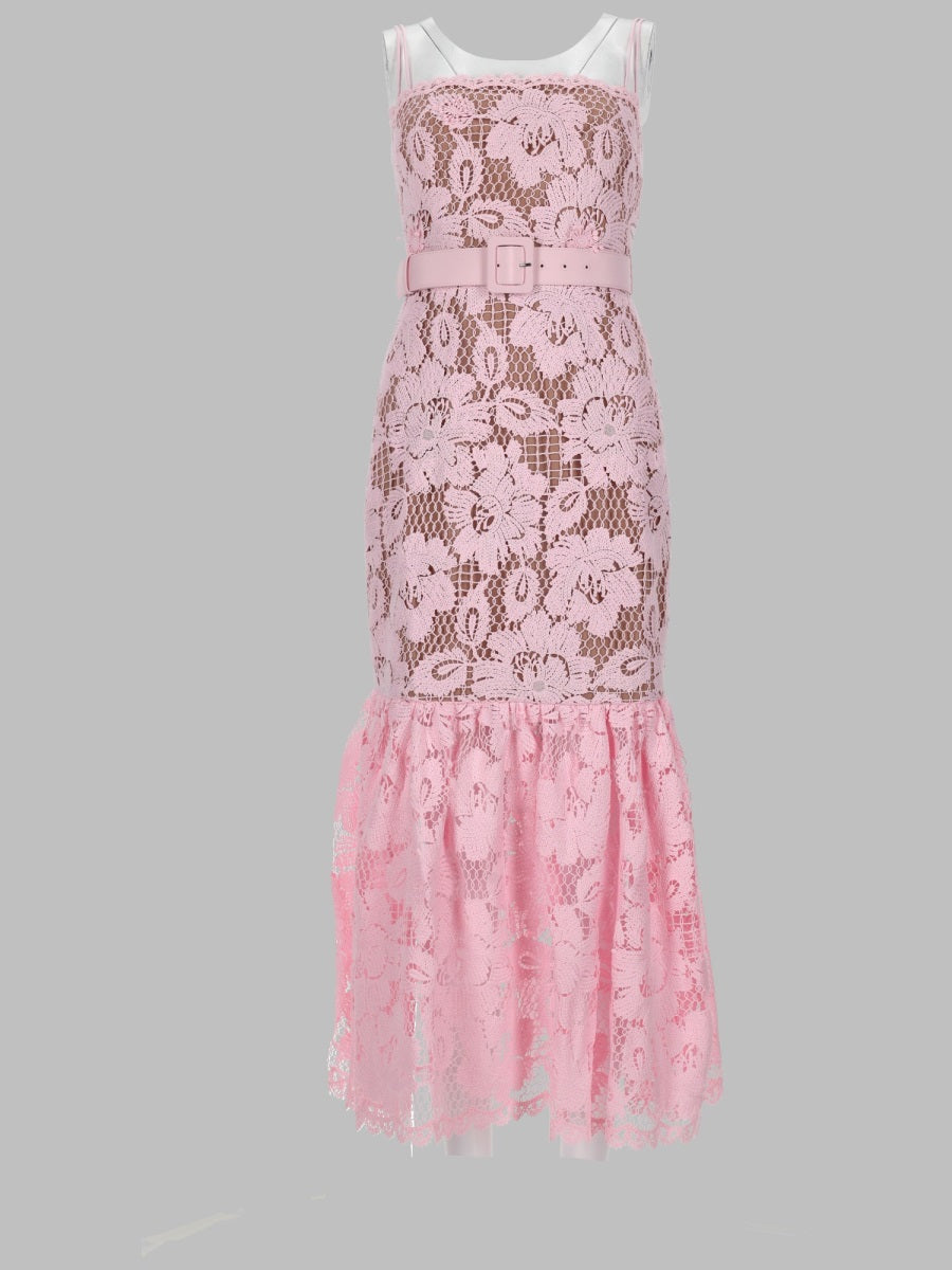 Midi Crochet Dress Pink Polyester