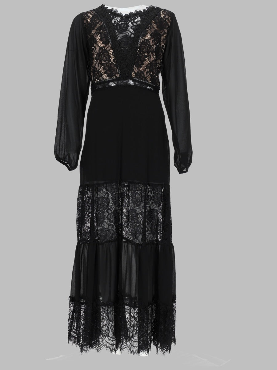 Dress With Lace Details Black Polyester