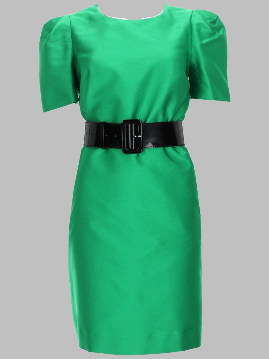 Dress Satin With Belt Green Polyester Silk