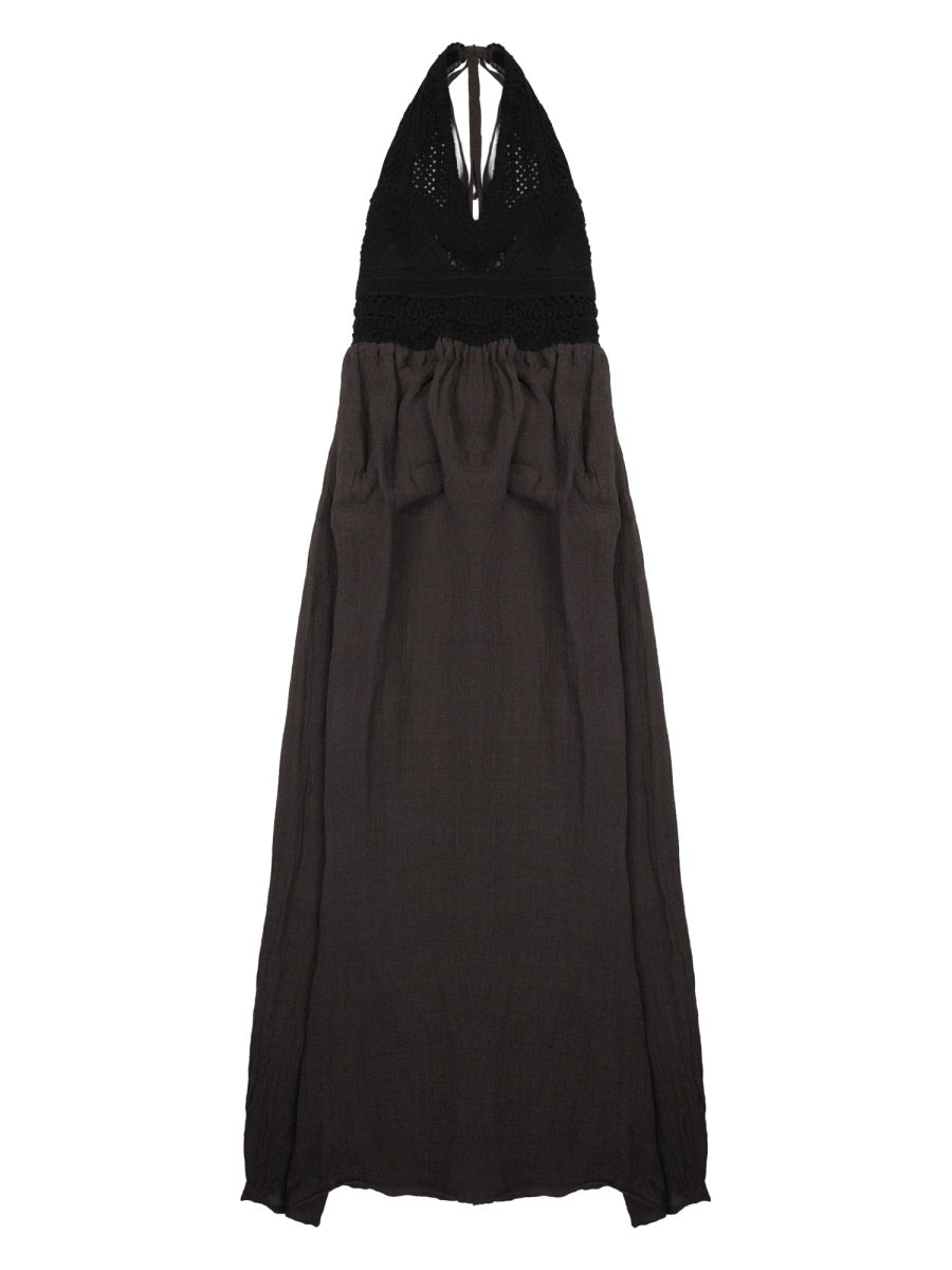 Linen Dress Crochet Detail Charcoal Polyamide