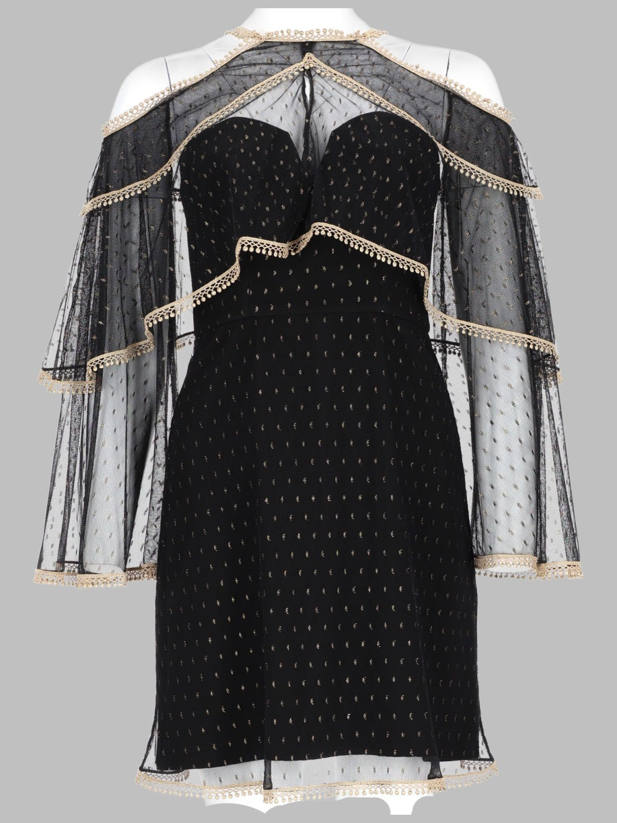 Dress With Cape Tulle - Black Nylon Metal