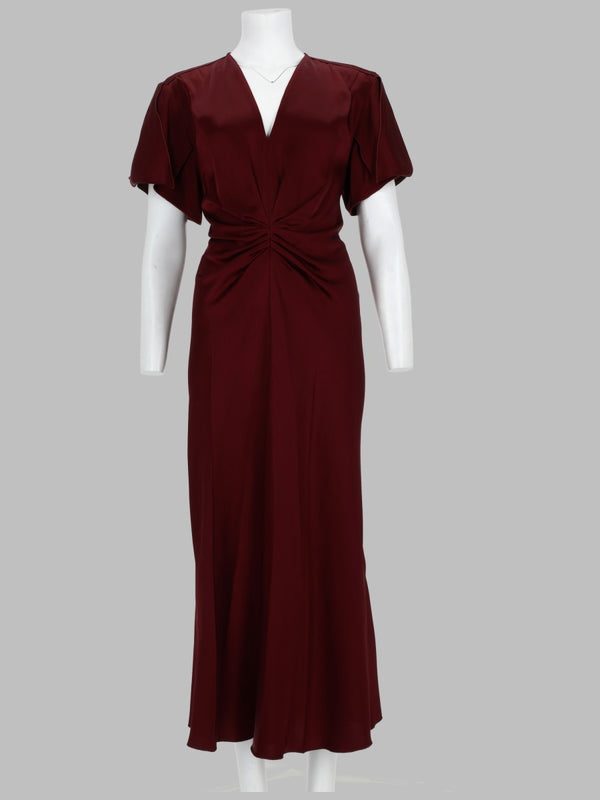 Midi Dress With Draped V-Neck Burgundy Acetate
