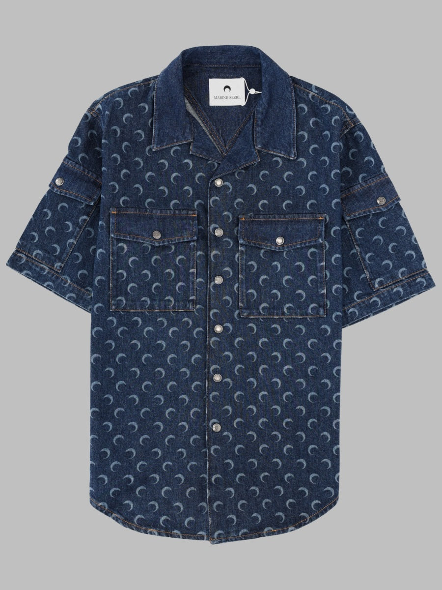 Denim Shirt With All-Over Print Blue Cotton